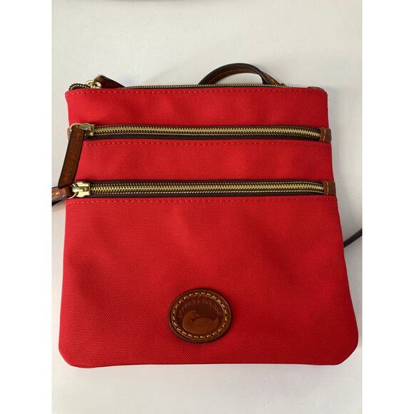 DOONEY & BOURKE SMALL RED CANVAS BROWN LEATHER CROSSBODY BAG - Picture 5 of 12